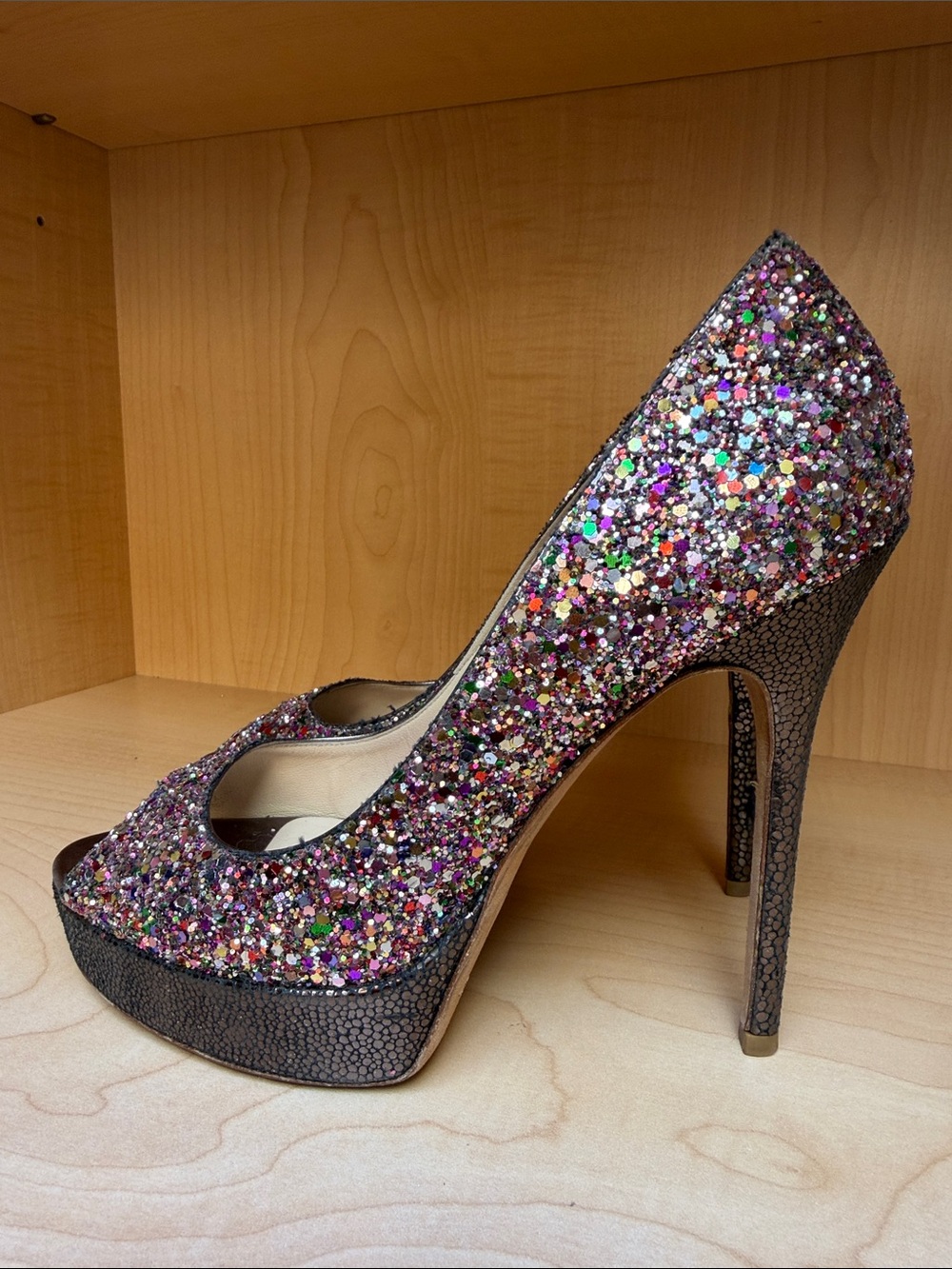 Jimmy Choo Multicolor Glitter Peep-Toe Stiletto